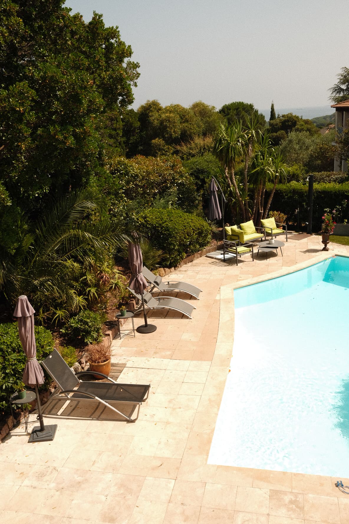 Sunny villa pool framed by a lush garden